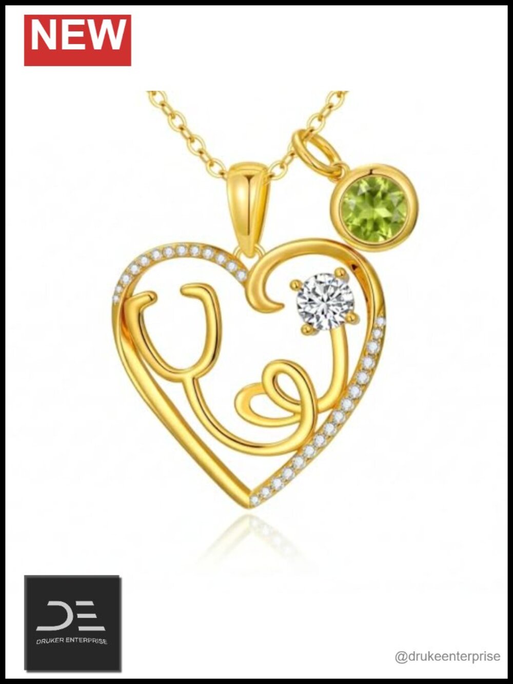 18K Gold Stethoscope Pendant Necklace Nurse Appreciation Gift Birthstone Charm